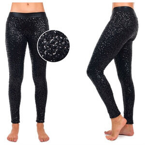 Tipsy Elves Women’s Sequin High Waisted Lined Leggings Black | Size Large New
